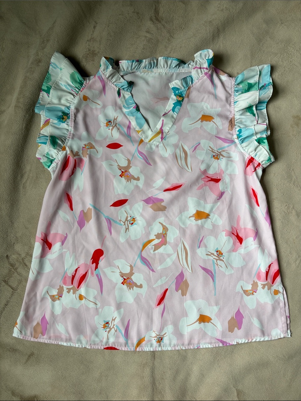 Floral Ruffle Sleeve V-Neck Blouse - Pink Floral